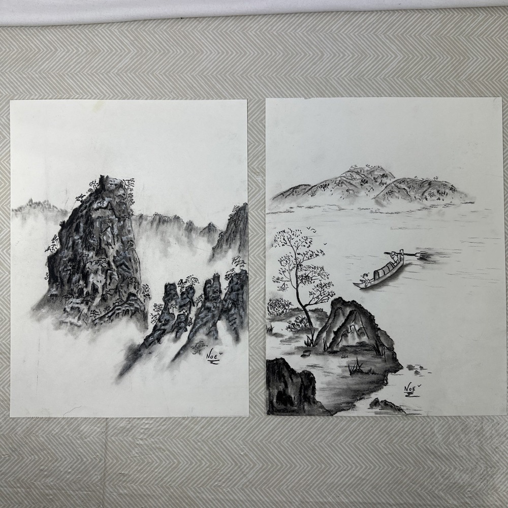 Japanese Shikishi Drawing Art Painting Charcoal Landscape Lot of 2 Signed NOE
